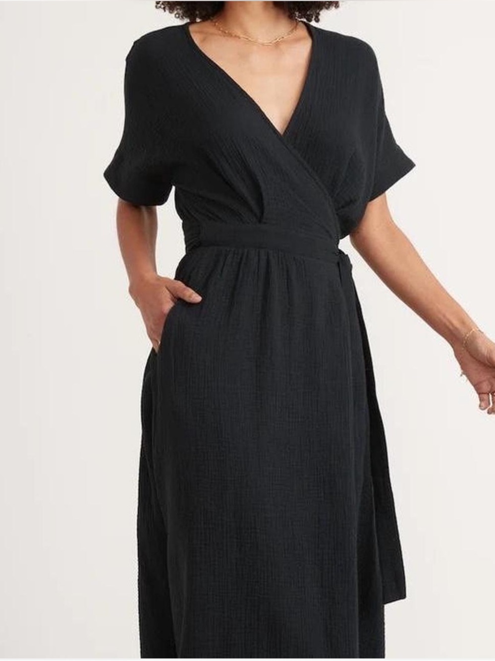 Marine Layer Women's Valencia Wrap Dress Black Midi Cotton Gauze